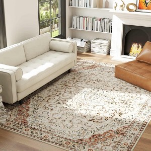 Angel Sar 8x10 ft Symmetrical Floral Pattern Area Rug with Non-Slip Backing, Machine Washable Flannel Texture Rug for Living Room, Bedroom - 1 of 4