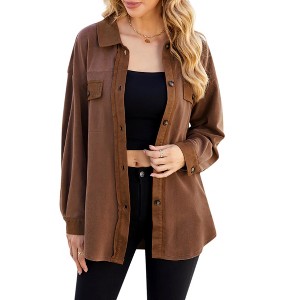 Women's Polar Fleece Shirt Jacket, Button - Down Long - Sleeve Coat with Chest Pockets, Casual Fall & Winter Outerwear - 1 of 4