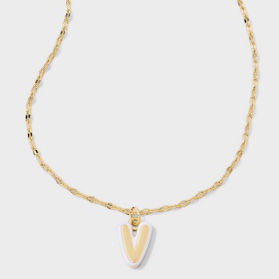 14K Gold Dipped Enamel "V" Initial Pendant Necklace - A New Day™ Gold/White