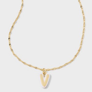14K Gold Dipped Enamel "V" Initial Pendant Necklace - A New Day™ Gold/White - 1 of 4