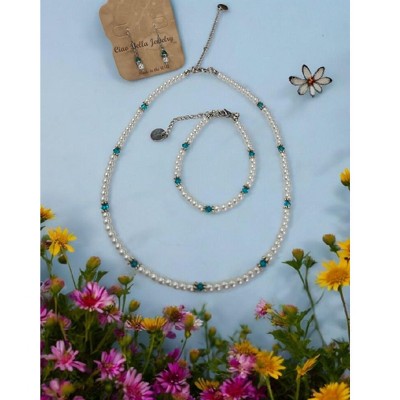 december turquoise blue zircon crystal with silver accents and pearl  necklace, bracelet earring set
