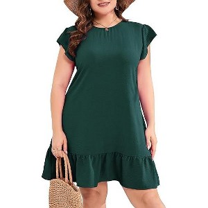 Women's Plus Size Babydoll Mini Dress Flutter Sleeve Flowy Shift Short Dress - 1 of 1