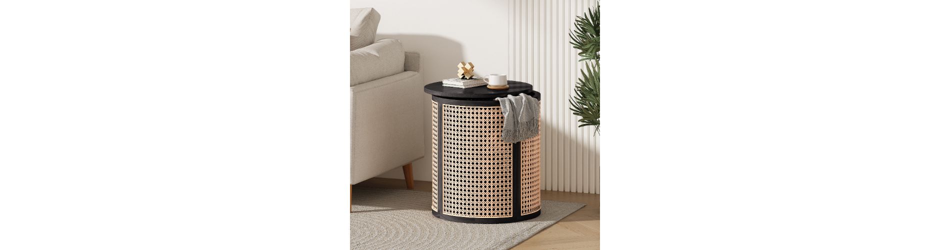 Lyngins Natural Wood Outdoor Side Table with Storage, 15.7” Round End Table, Hollow Woven Side Table/Nightstand, Indoor/Outdoor Small Table, Black