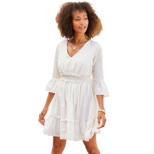 Women's Eyelet Detail V-Neck Dress - LASCANA - 1 of 4
