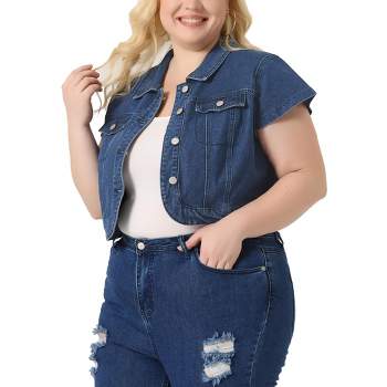 Agnes Orinda Women's Plus Size Denim Y2K Button Down Short Sleeve Cropped Jean Vest