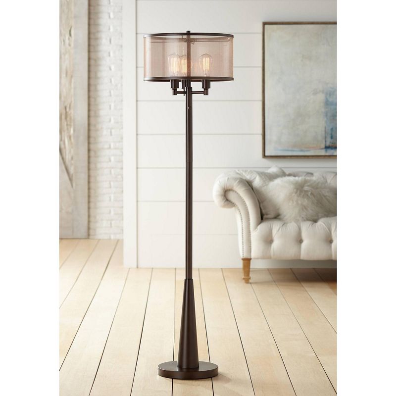 Franklin Iron Works Durango Rustic Farmhouse Floor Lamp 62" Tall Oiled Bronze Metal 3 Light LED Brown Sheer Drum Shade for Living Room Bedroom Office, 2 of 10