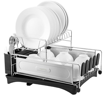 Compact 18.25" Stainless Steel 2-Tier Dish Drying Rack with Utensil Holder