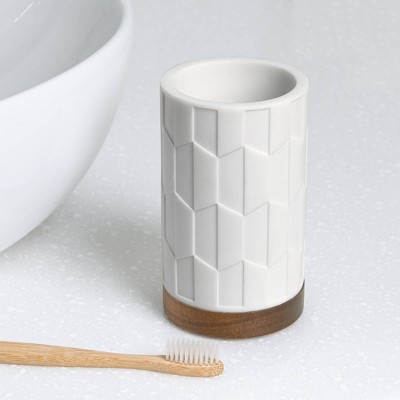 White Resin and Wood Geometric Embossed Bathroom Tumbler