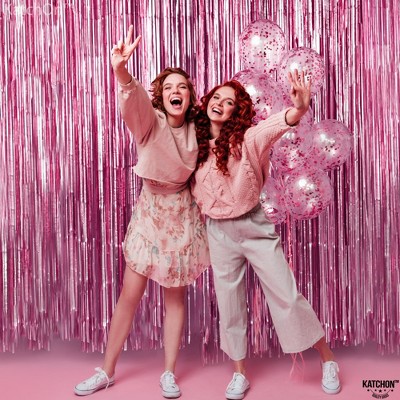 KatchOn, Pink Backdrop for Pink Party Decorations - XtraLarge 3.2x8 Feet, Pack of 2 | Pink Foil Fringe Curtain