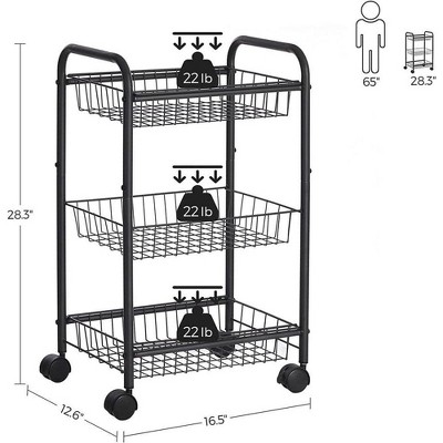 Black 3-Tier Metal Rolling Storage Cart with Removable Baskets