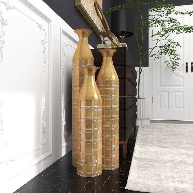 Set of 3 Metal Tall Distressed Metallic Vase with Etched Grid Patterns Gold - Olivia &#38; May, 3 of 18