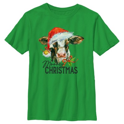 Boy's Lost Gods Moooey Christmas Cow T-Shirt - Kelly Green - Large