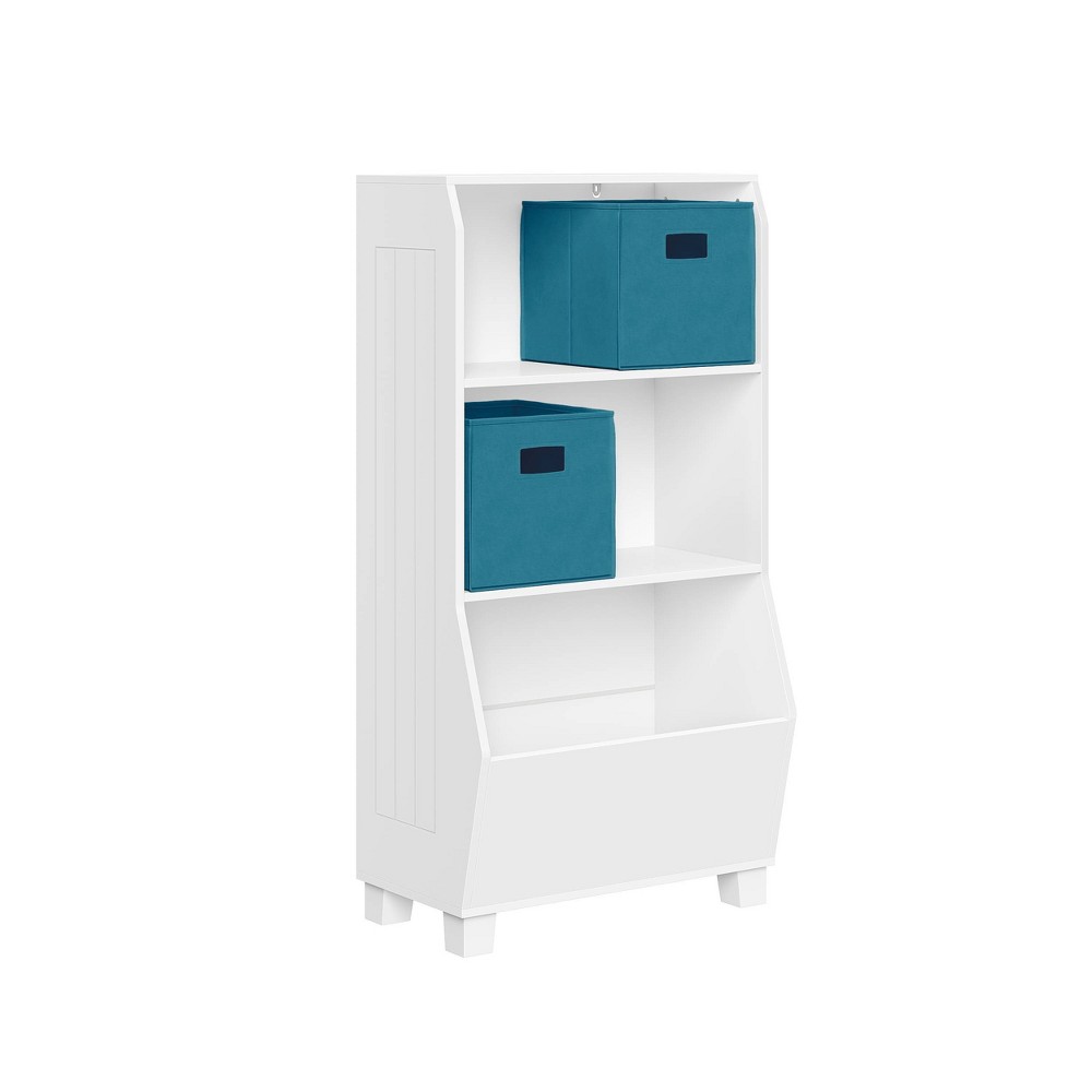 RiverRidge Kids' 23" Playroom Bookshelf with Veggie Bin Organizer, 2 Open Toy Storage Shelves, and 2 Turquoise Fabric Bins: Toybox