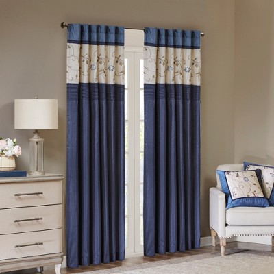 Navy Embroidered Light Filtering Pleated Curtain Panel
