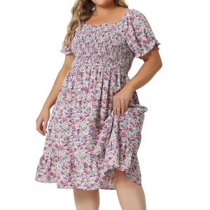 Agnes Orinda Women's Plus Size Smock Ruffle Short Sleeve Floral Flared Flowy Dresses - 1 of 4