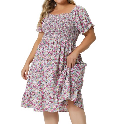 Agnes Orinda Women's Plus Size Dress Flared Flowy Smock Ruffle Sleeve  Floral Dresses Pink 3X