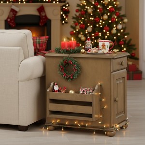 Homy Casa Vintage Flip Top End Table with USB Ports, Sofa Side Table with Cup Holders, Drawer & Bookshelf Storage, Living Room Accent Table - 1 of 4