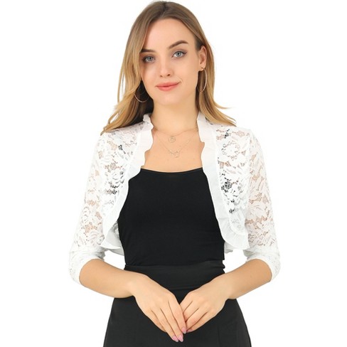 Allegra K Women's Elegant Ruffle Collar Crop Cardigan Sheer Floral Lace  Shrug Top White L : Target