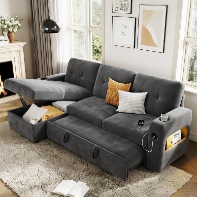 84 Inch Sleeper Sofa Couch for Living Room, L-Shaped Sofa, Convertible Pull Out Sofa Bed with Storage, Charging Station Chenille