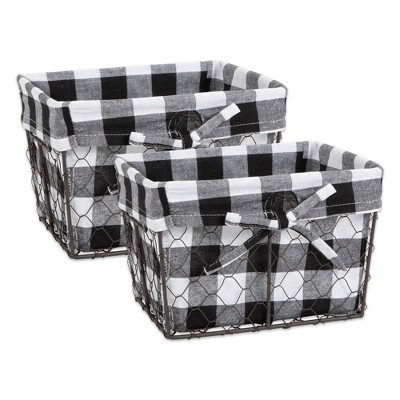 Medium Vintage Grey Chicken Wire Black White Check Liner Basket Set/2