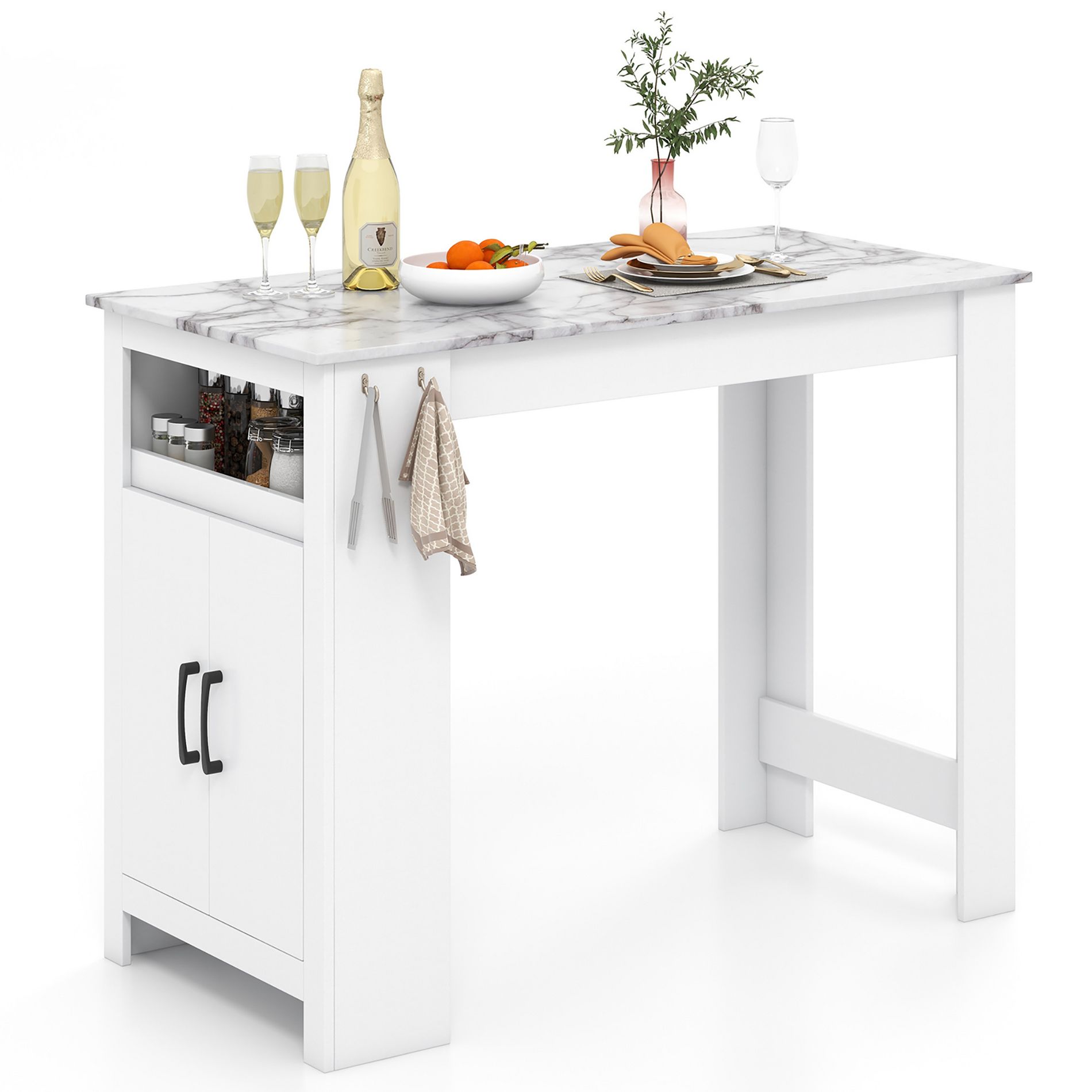 Tangkula 47" Long Counter Height Table Bar Table Faux Marble Pub Table w/ Cabinet