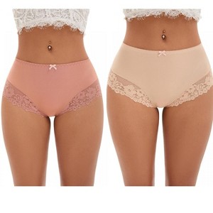 INSPIRE CHIC 2 Pcs Women's Lace Trim High Waist Briefs Seamless Lace Back Underwear Panties - 1 of 4