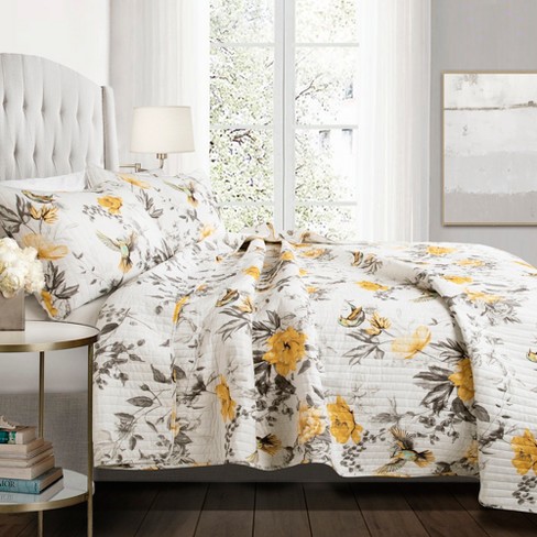 Full Queen 3pc Penrose Floral Quilt Set Yellow Gray Lush Dcor