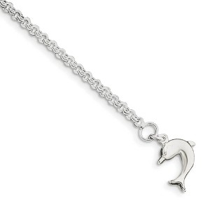 Black Bow Jewelry Sterling Silver Dolphin Double Link Cable Chain Anklet - 1 of 3