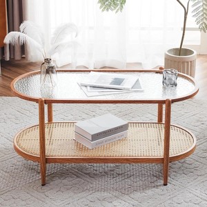 VINGLI 38" Rattan Oval Coffee Table, Water-Wave Glass Metal Center Table with 2-Tier Storage,  for Living Room, Natural Vibe - 1 of 4