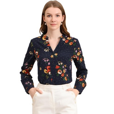 Allegra K Women's Floral Loose V Neck Long Sleeve Button-Up Shirt