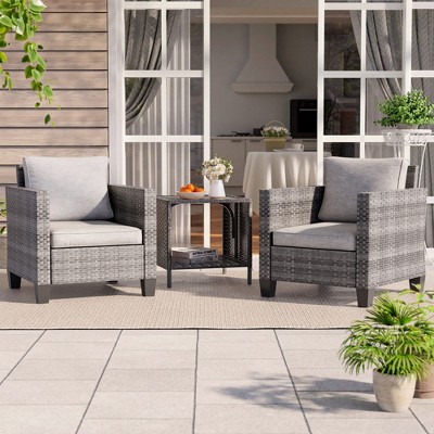 Sonkuki 3-Piece Patio Sofa Set Outdoor Wicker Rattan Furniture Set Conversation Set with Side Table, Cushions