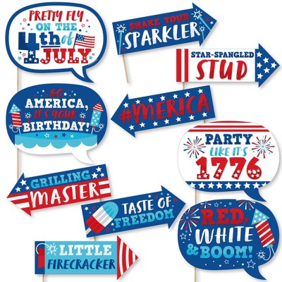 Big Dot of Happiness Funny Firecracker 4th of July - Red, White and Royal Blue Party Photo Booth Props Kit - 10 Piece