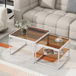 Angel Sar Modern Nesting Coffee Table Set of 2, Accent Square Coffee Table, Cocktail Table with Brown Tempered Glass, White - 1 of 4