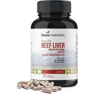 Basic Nutrition Grass-Fed Beef Liver Capsules, Vitamin-Rich Superfood, Pasture-Raised, Undefatted, No Pesticides or Hormones, For Immune Support - 1 of 4