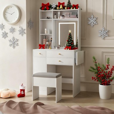 ELECWISH Vanity Tables, Vanity Desk Set with Mirror and Lights, Makeup Table with Drawer, Storage Chair, and Fold-up Panel for Small Space Bedroom