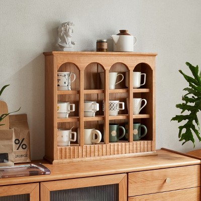 Solid Wood Wall Shelf with Cherry Finish & Vintage Arch Design for Kitchen Mug Display and Storage-Cuddlewood