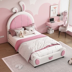 KWPZQEB Twin Size Upholstered Platform Bed for Kids with Rabbit Shaped Headboard, Cute Bed for Girls, Wooden Slats Support - Pink - 1 of 4