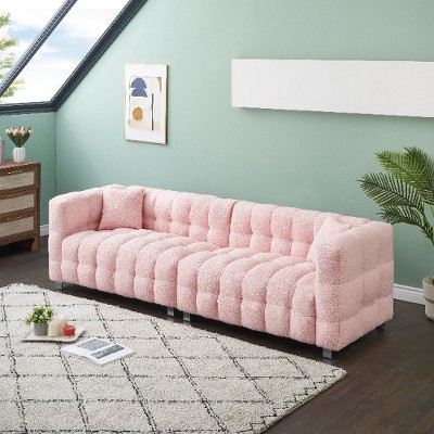 CAVINAS Teddy Fleece Loveseat Sofa with 2 Throw Pillows, Vintage Sofa Couch with Sturdy Hardware Foot Support for Living Room, Bedroom