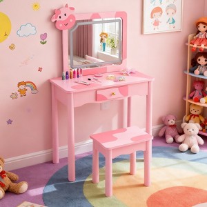 Angel Sar Pink Cow Kids Vanity Set with LED Mirror, 3-Color Touch Light Makeup Table with Stool & 1 Drawer, Kids Vanity Table - 1 of 4