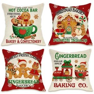 Christmas Gingerbread Man House Decorative Throw Pillow Cover 18x18 Set of 4, Xmas Bakery Hot Cocoa - 1 of 4