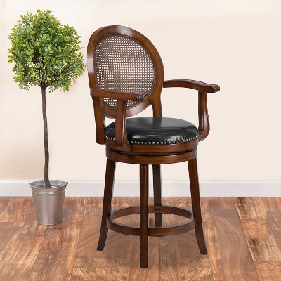 Espresso Wood Counter Stool with Black Leather Swivel Seat