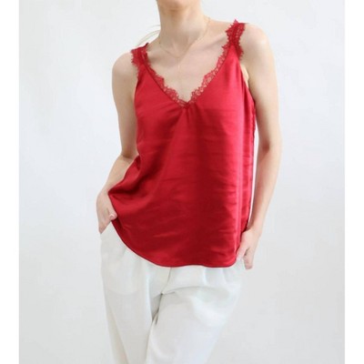 Women's V Neck Lace Trim Red Camisole - SKIES ARE BLUE