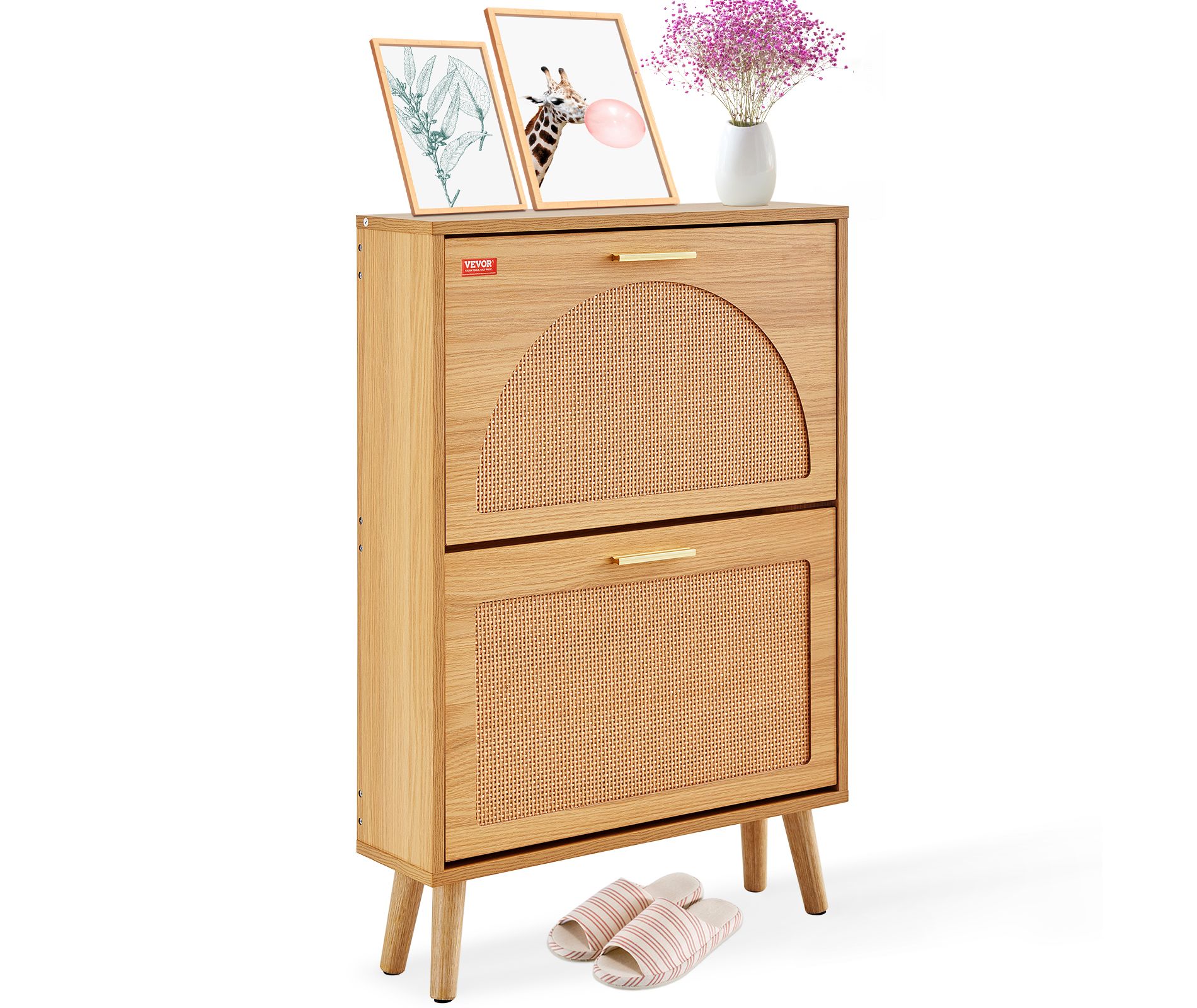 VEVOR Shoe Cabinet with 2 Flip Drawers, Shoe Storage Cabinet for Entryway, Free Standing Shoe Storage Organizer with Rattan Doors, Brown