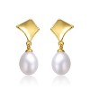 Guili Sterling Silver 14K Yellow Gold Plated Earrings with White Freshwater Pearl, Featuring a Geometric Shield Retro Drop Dangle Design - 2 of 2
