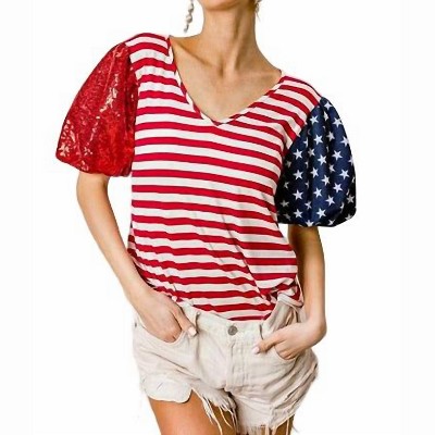 Women's American Flag Stars and Stripes Sequin Sleeve Top - BiBi S