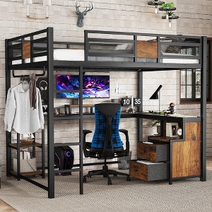 Racxily Queen Size Loft Bed with Desk and Storage, Single Bed with Ladders, Black - 1 of 4