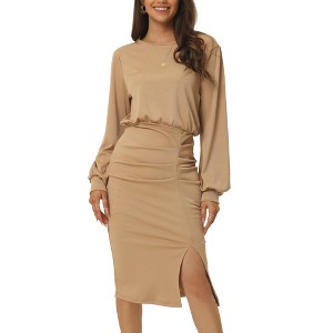 Seta T Women's Boat Neck Ruched Lantern Sleeve High Waist Side Slit Hem Midi Dress - 1 of 4