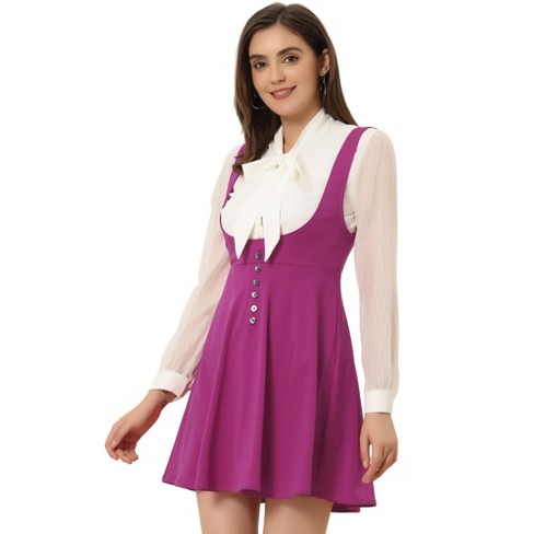 Allegra K Women's Button Overalls Pinafore Suspenders Skirt Purple