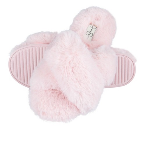 Jessica Simpson Womens Cross Band Plush Slide Slipper Slide Rose