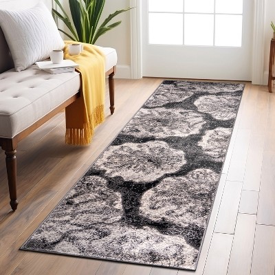 Black and Gray Floral Synthetic Runner Rug, 2' x 7'